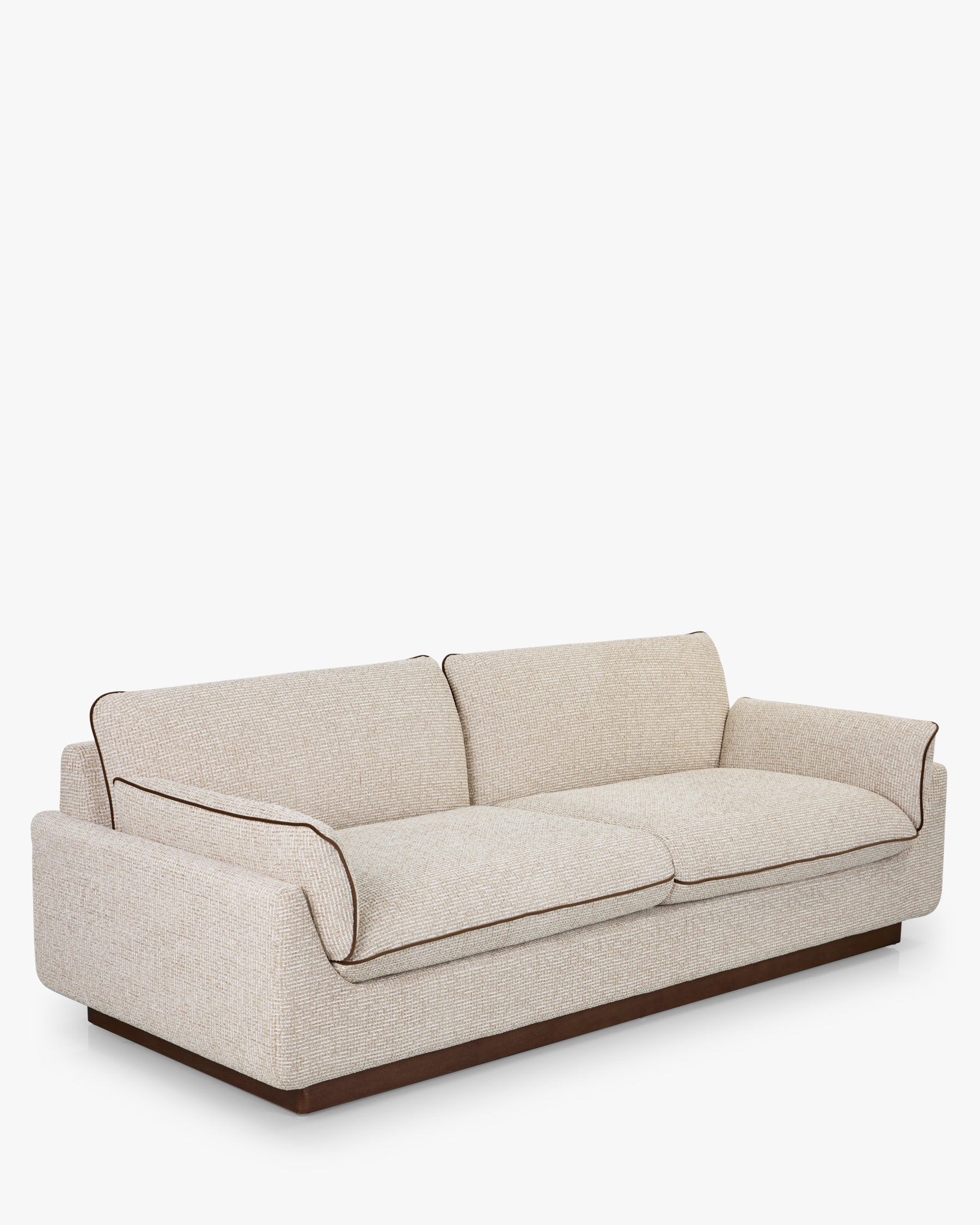 Canapé Elysée - tweed beige marron noisette et bois teinte noyer - vue de trois-quarts