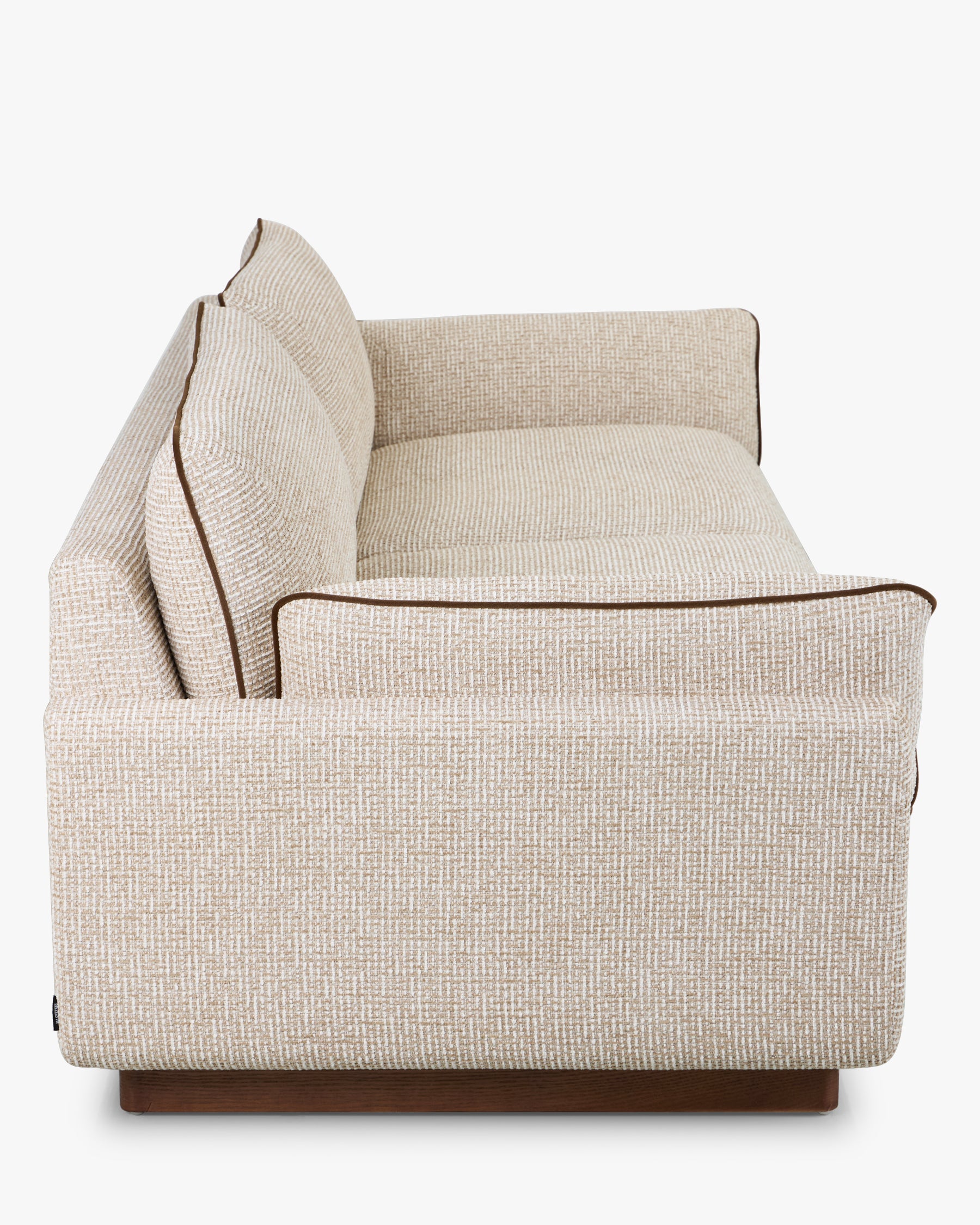 Canapé Elysée - tweed beige marron noisette et bois teinte noyer - vue de profil