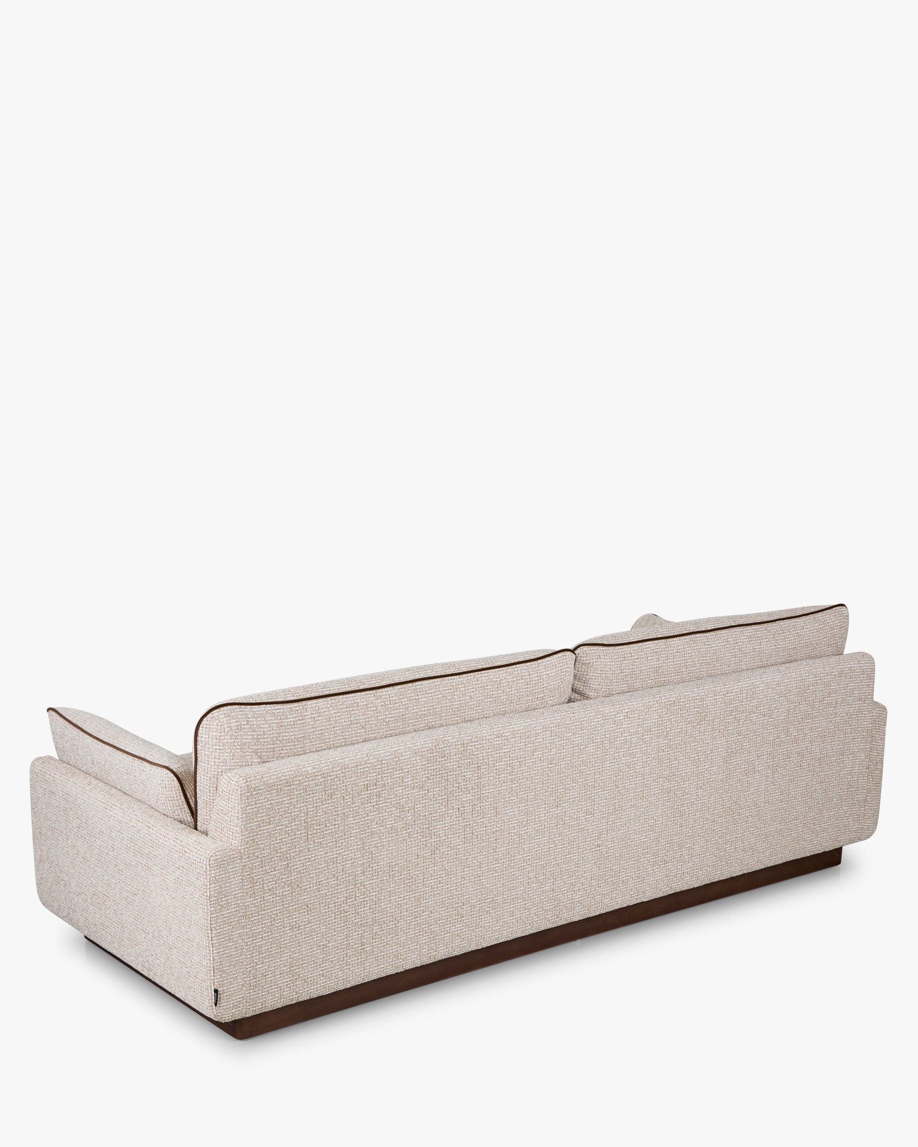Canapé Elysée - tweed beige marron noisette et bois teinte noyer - vue de dos