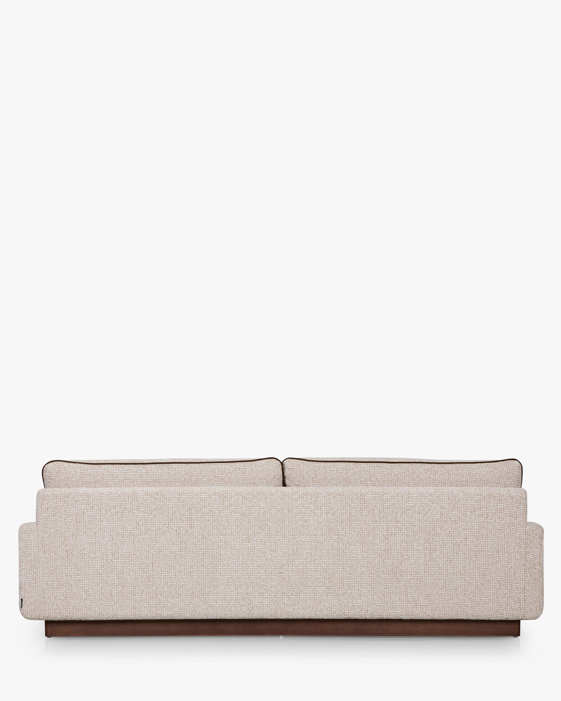Canapé Elysée - tweed beige marron noisette et bois teinte noyer - vue de dos, trois-quarts