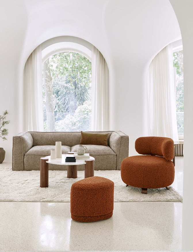 Sessel, Bouclé Stoff in Rostrot & Eschenholz - NV GALLERY