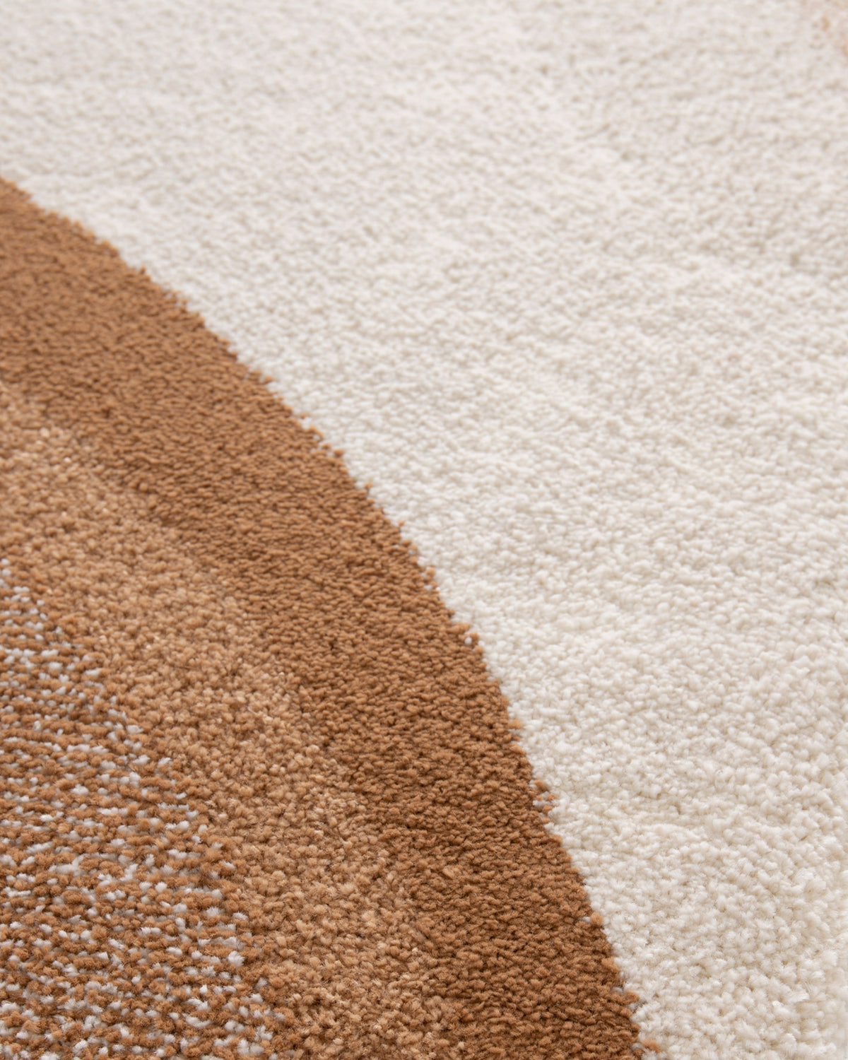 gros plan sur la courbe caramel qui traverse le velours écru d'un tapis de salon Levante