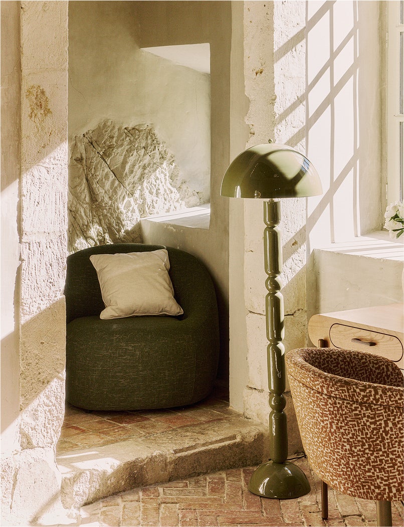 Qazqa Botanica Lampada Da Terra In Velluto Verde Con Interno Dorato - Altezza 168 Cm, Paralume 50 Cm - Stile Rustico Art Déco