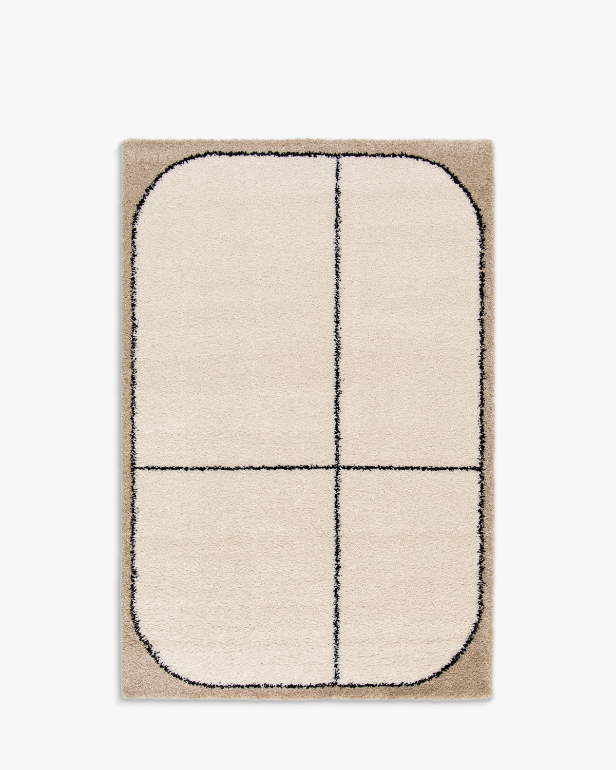 tapis de salon Kento écru à cadre noir arrondi en quatre carrés et bordure sable - vu de dessus