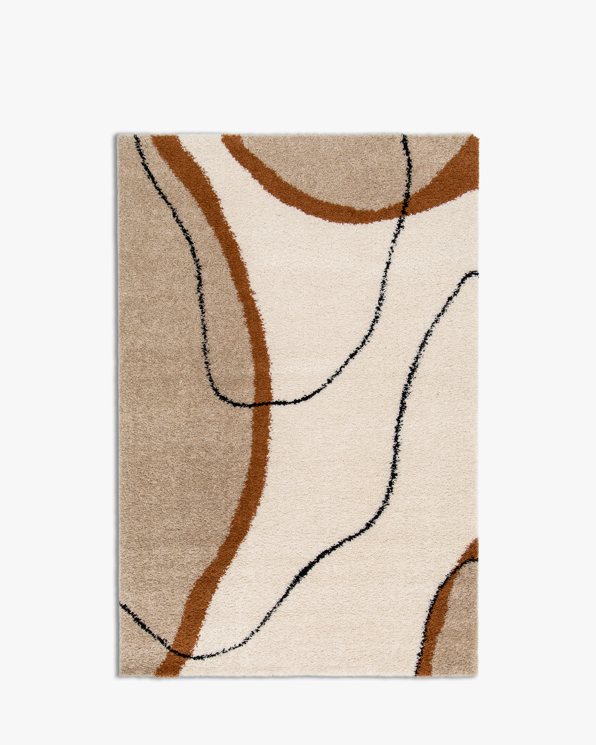 tapis de salon Solano écru à grandes courbes ocre soulignées de noir - vu de dessus