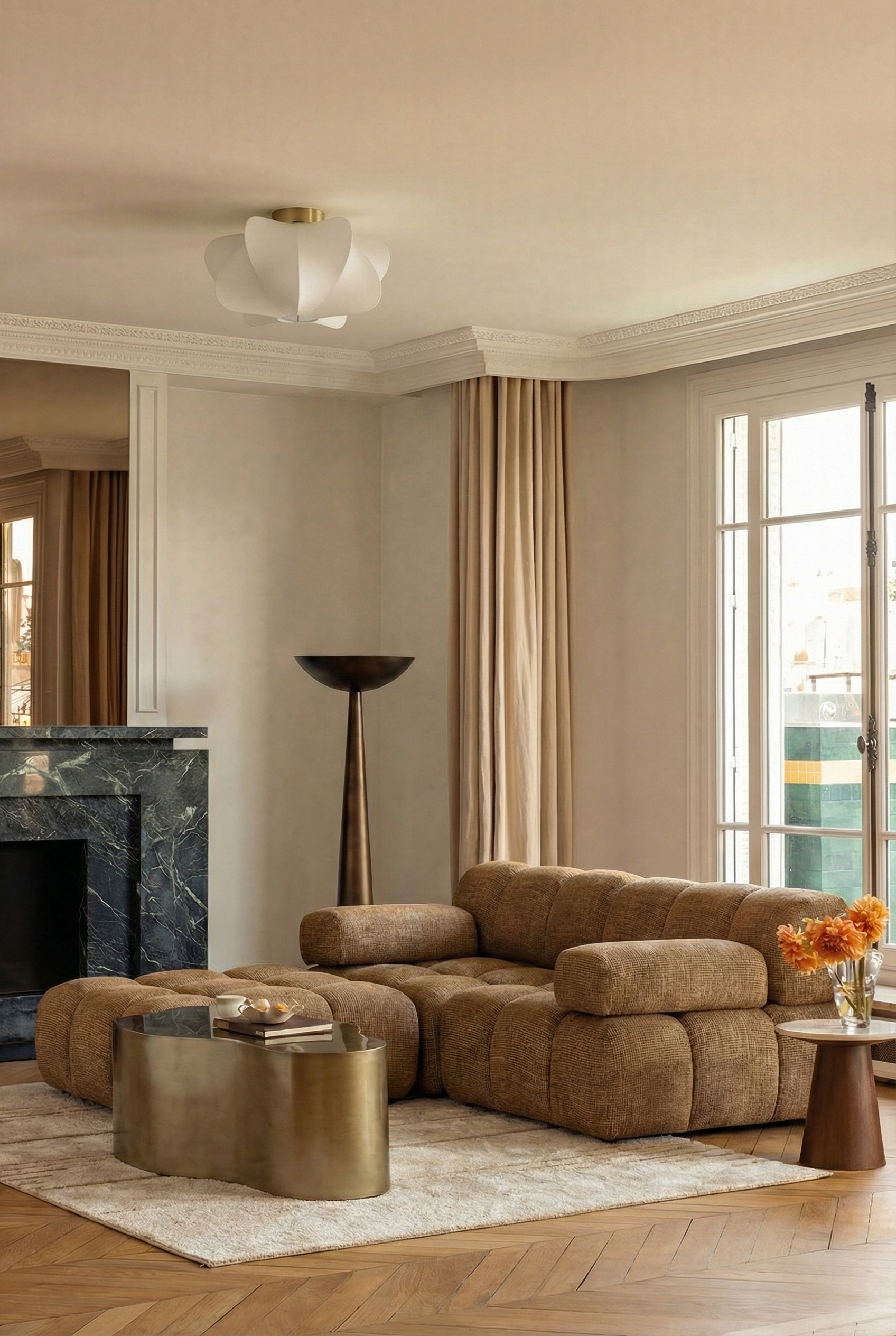 Suspension Aichi abat-jour organique en tissu blanc et rosace laiton - NV GALLERY