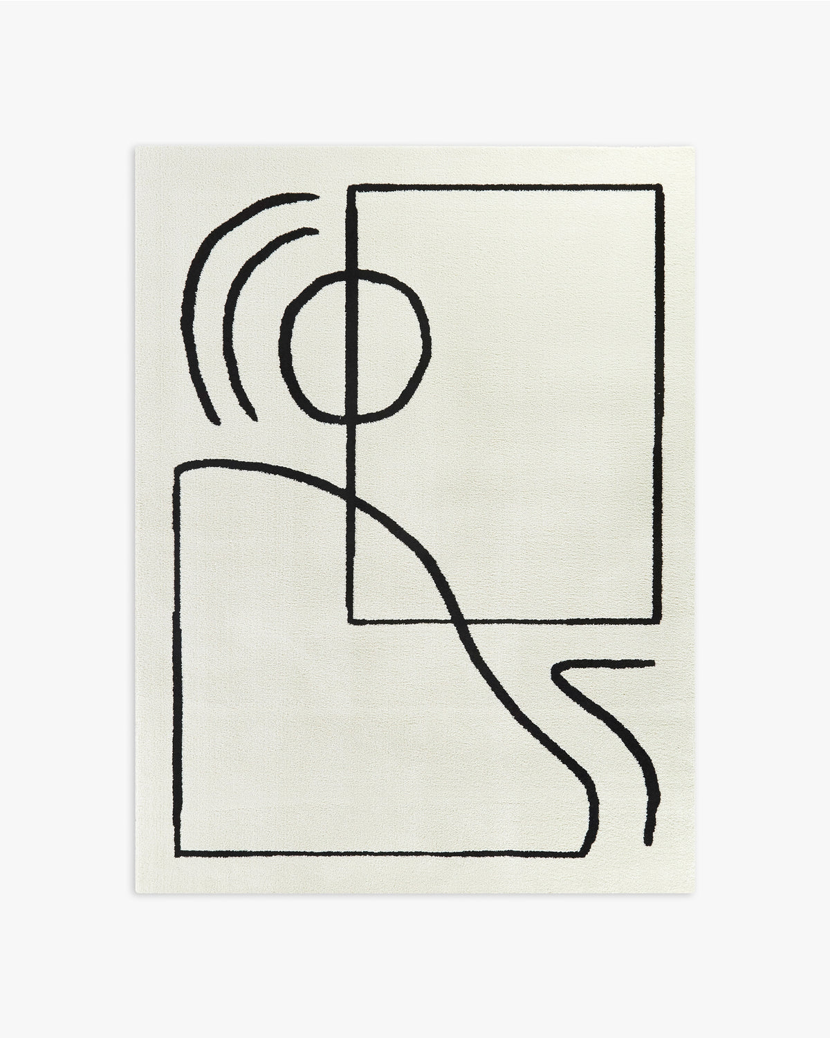 tapis ARCA écru à tracés noirs abstraits, petit format vu de dessus sur fond blanc