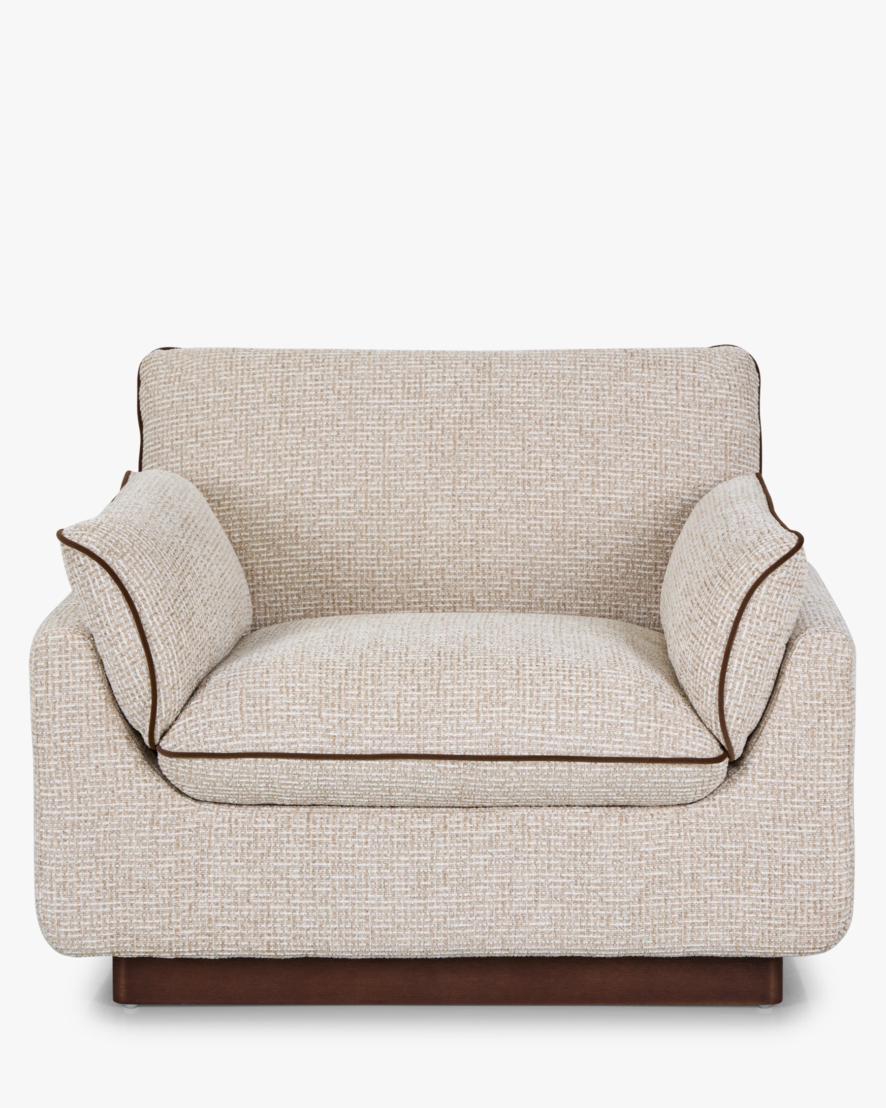 Fauteuil Elysée - NV GALLERY - tweed beige marron noisette et bois teinte noyer - vue de face