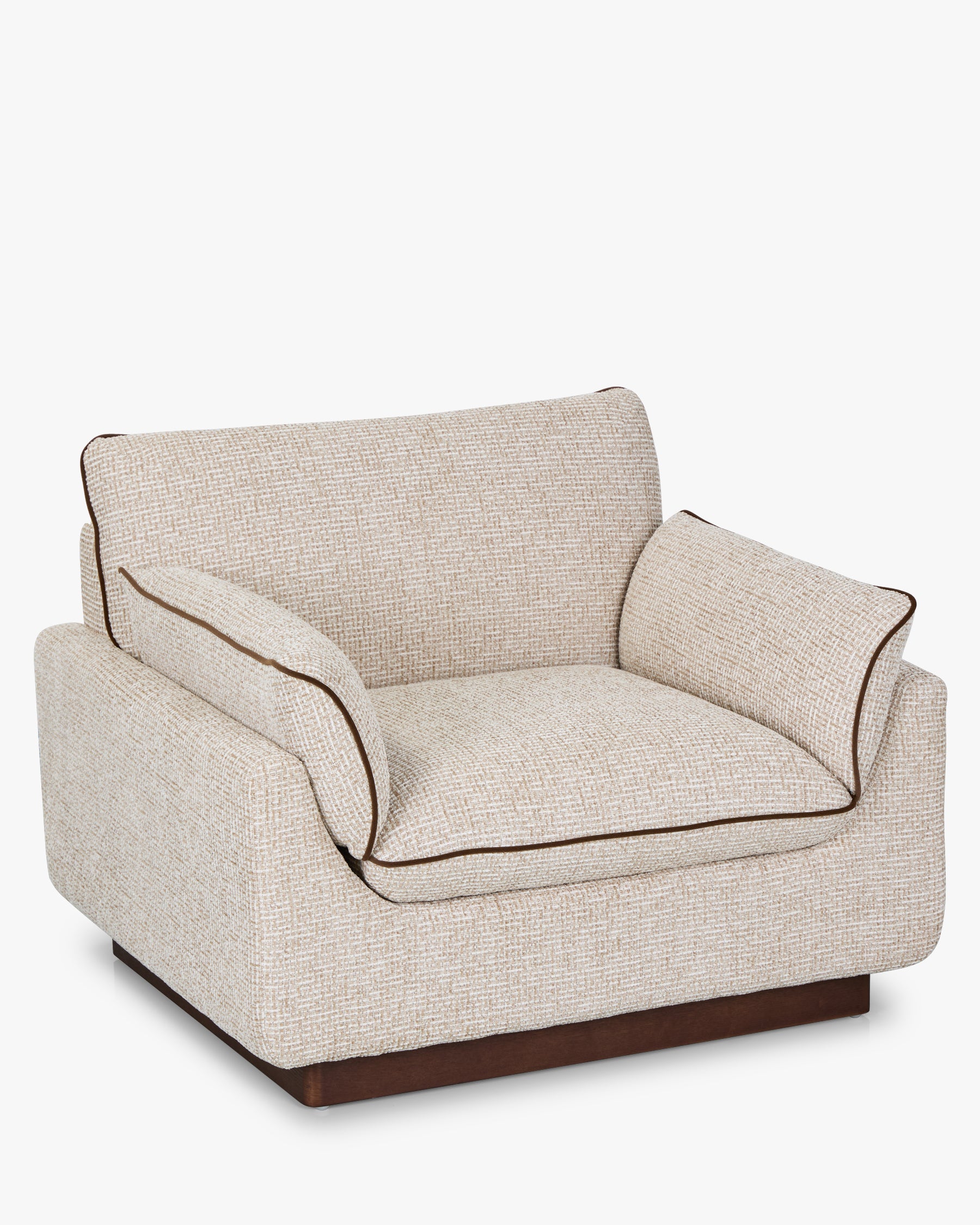 Fauteuil Elysée - tweed beige marron noisette et bois teinte noyer - vue de trois-quarts