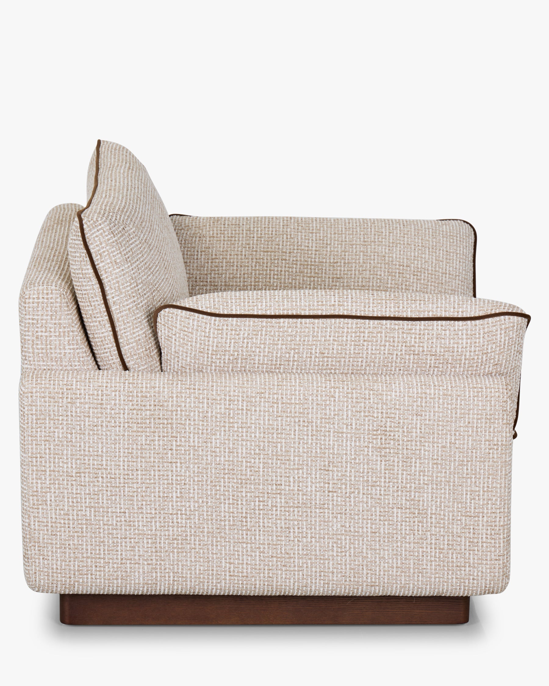Fauteuil Elysée - tweed beige marron noisette et bois teinte noyer - vue de profil