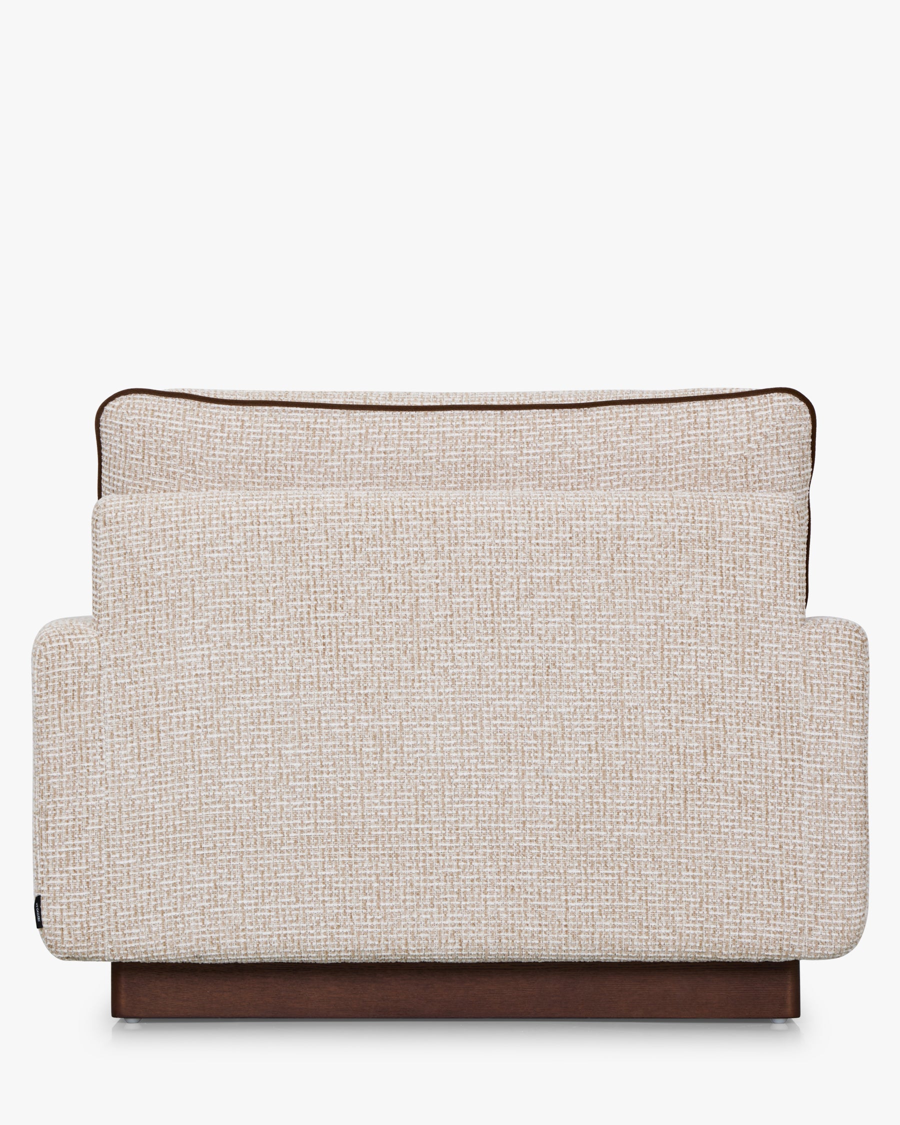 Fauteuil Elysée - tweed beige marron noisette et bois teinte noyer - vue de dos, trois-quarts