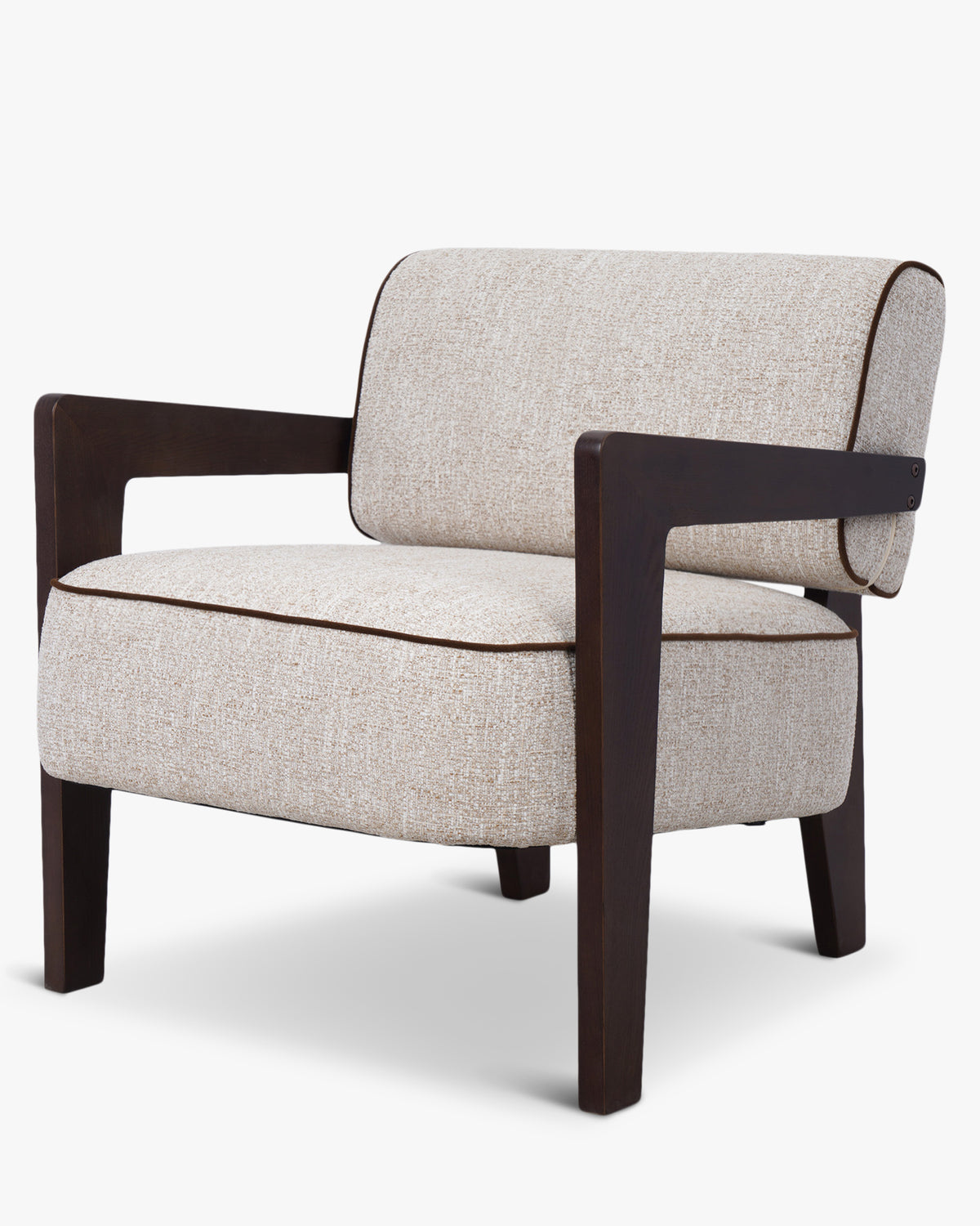 Fauteuil Elva - NV GALLERY - tweed écru meringue et bois teinté noyer - vue de trois-quarts
