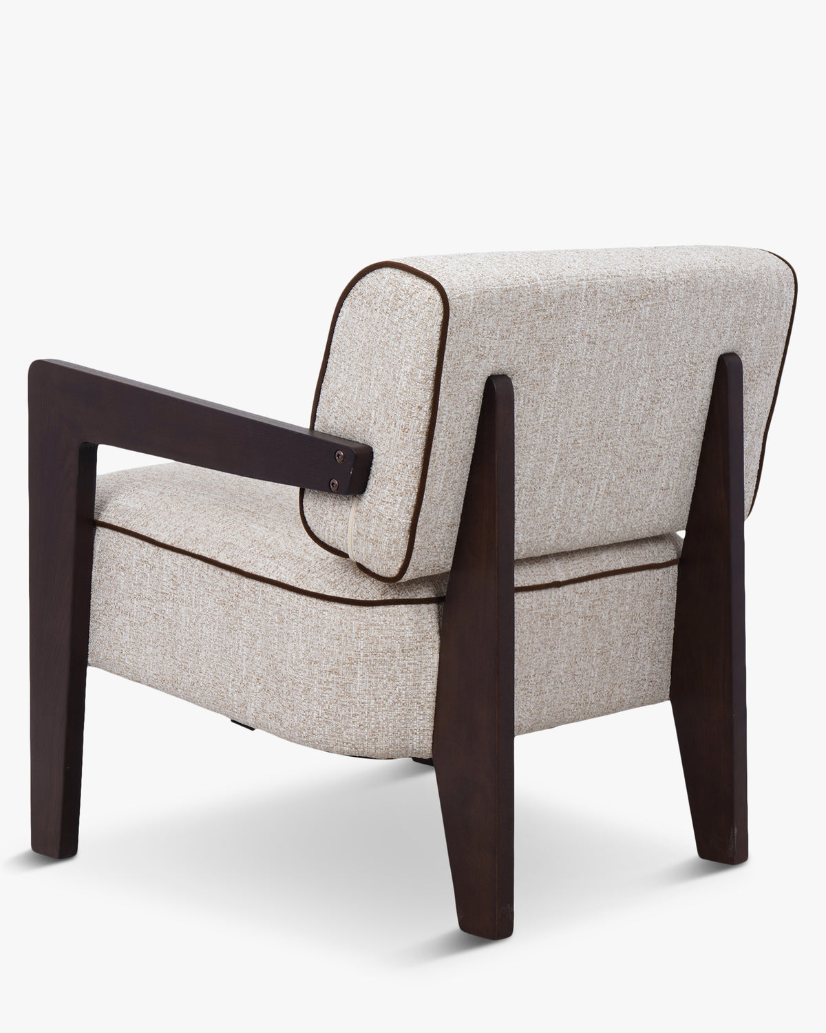 Fauteuil Elva - tweed écru meringue et bois teinté noyer - vue de dos, trois-quarts
