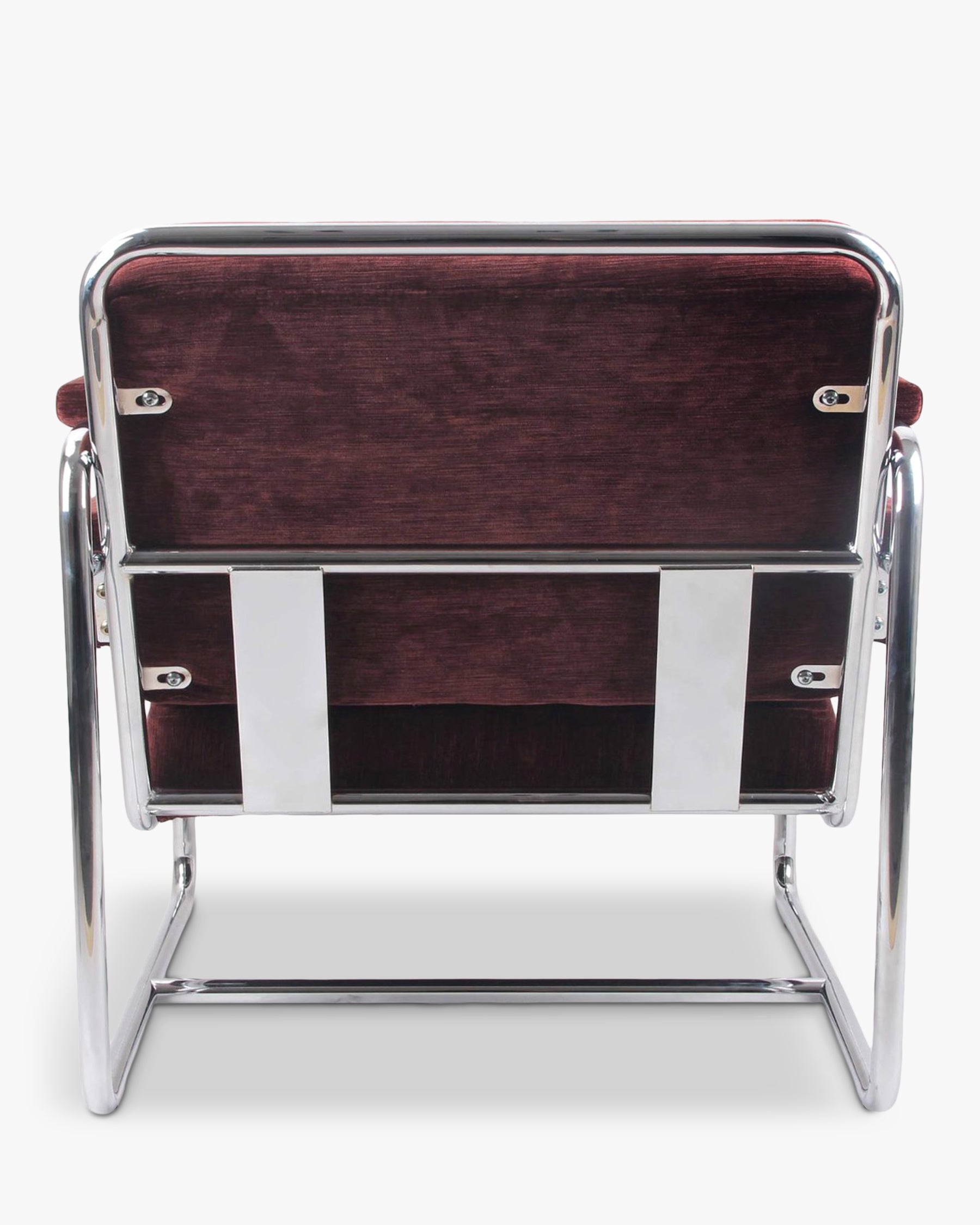 Fauteuil Kyle - velours bordeaux ligné et métal chromé - vue de dos