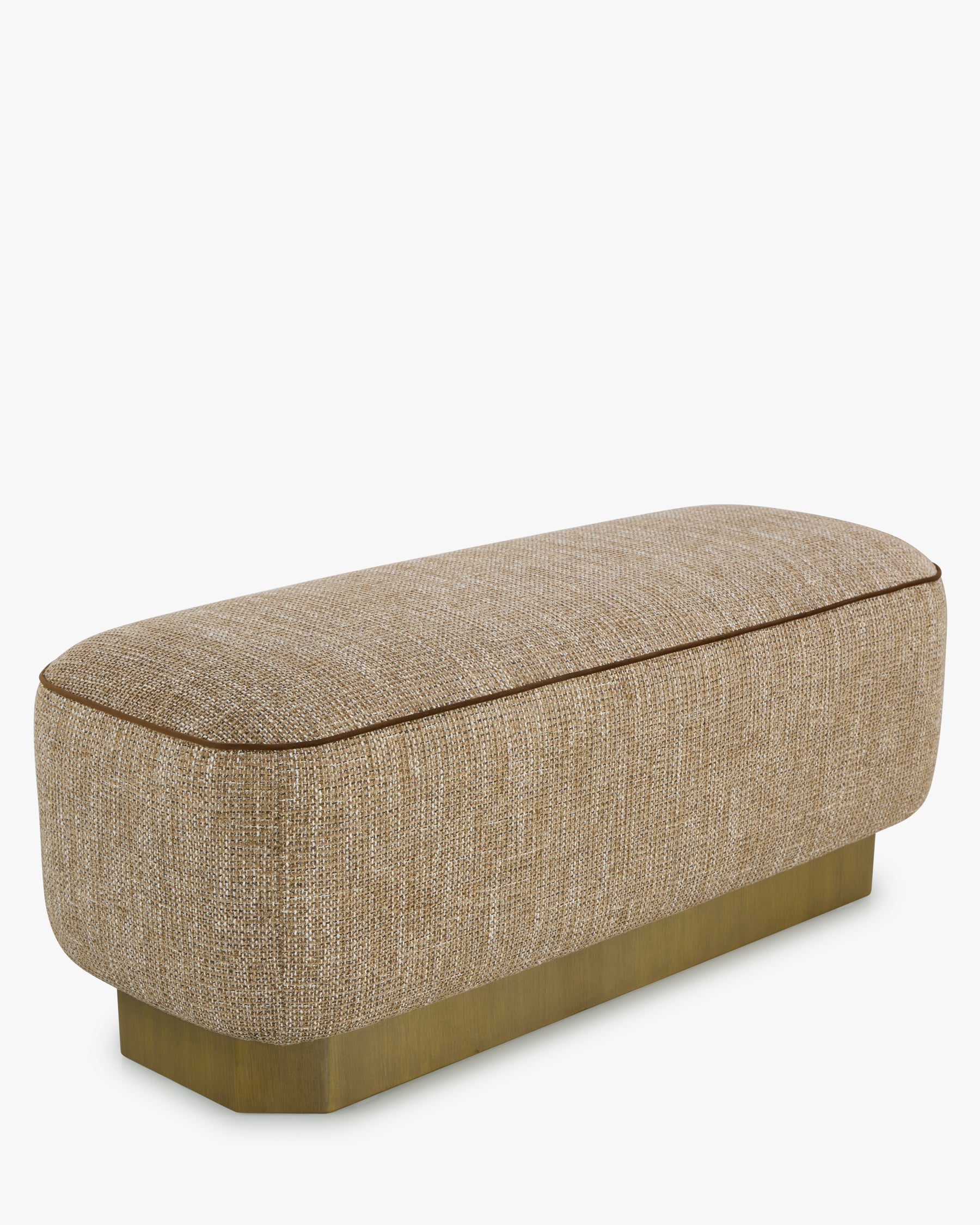Banc Alyss - tweed taupe sésame et bois bronze brossé - vue de dessus inclinée