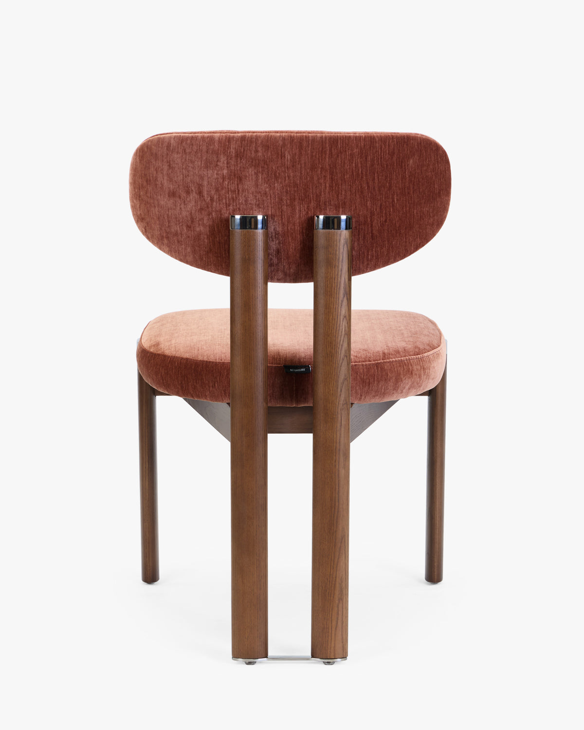 chaise de salle à manger FRANCESCA - piètement tripode en frêne noyer et embouts en acier poli, vue de dos