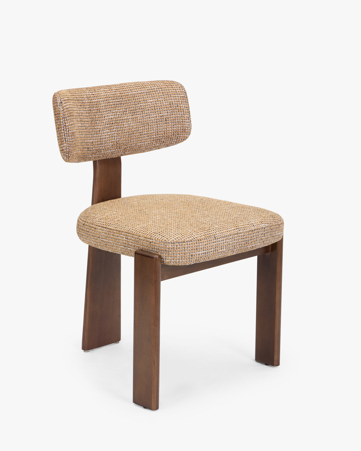 chaise de salle à manger MELIANA en tweed marron caramel et frêne teinté noyer - vue de trois quarts