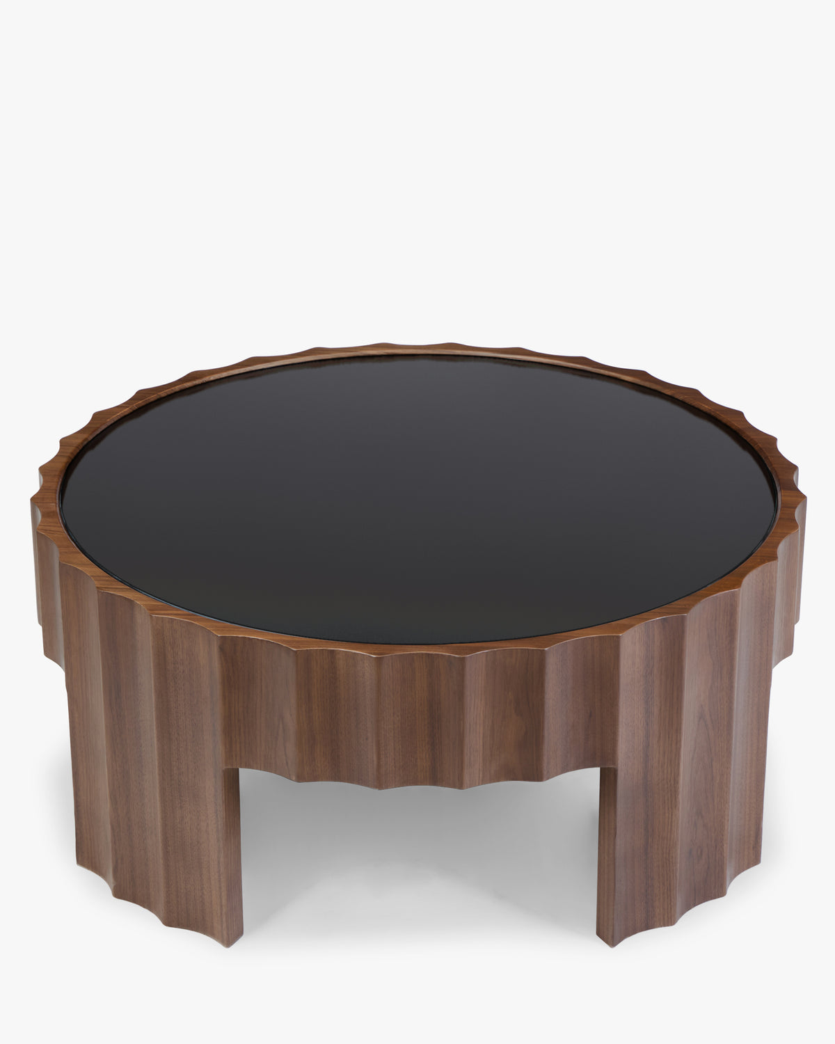 table basse ronde CANNELATA à plateau en verre fumé noir et ceinture cannelée en noyer