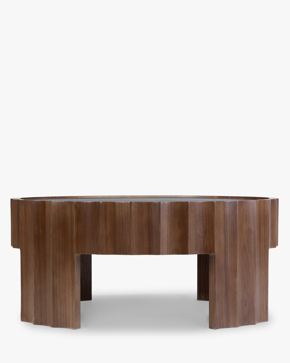table basse CANNELATA en bois plaqué noyer - ceinture cannelée et quatre pieds, vue de face