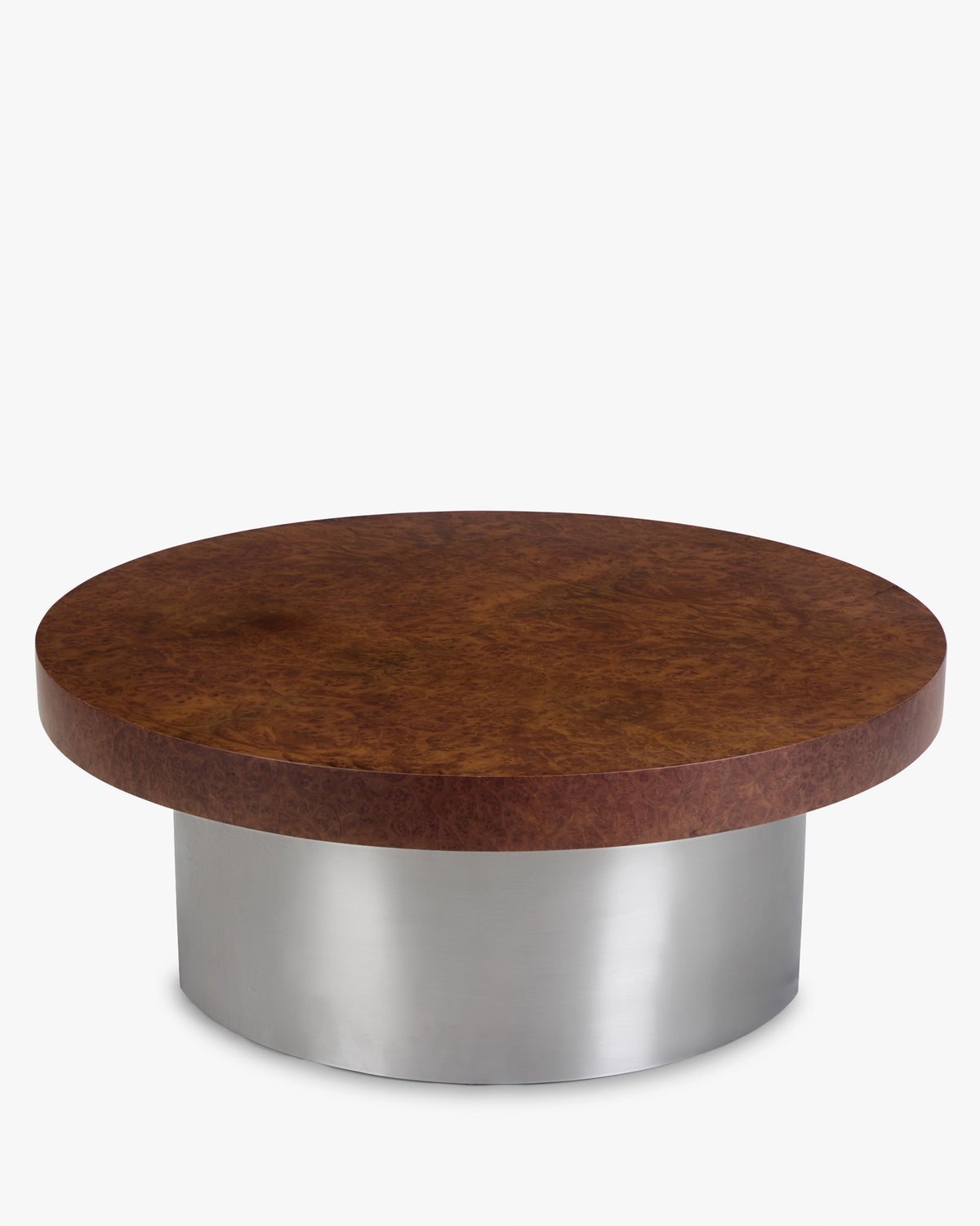 table basse KALDER ronde en placage bois de loupe et acier inoxydable brossé - vue de face