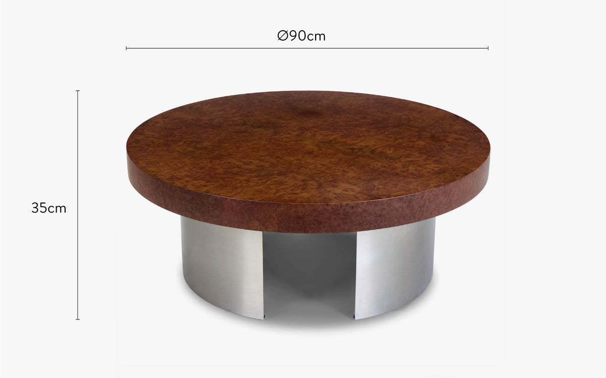 dimensions table basse acier inoxydable et placage bois de loupe
