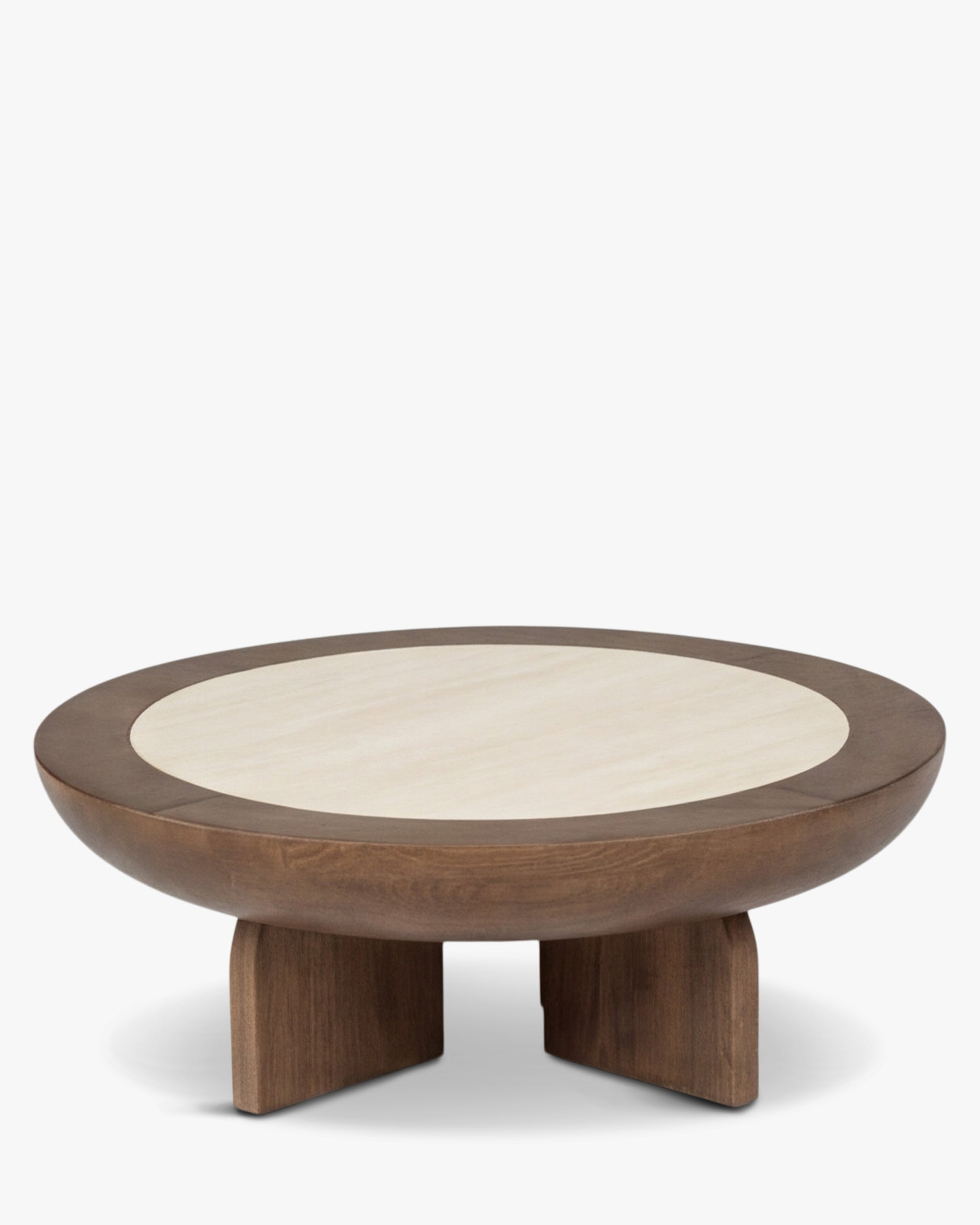 Table basse Saturne - frêne massif teinté noyer et travertin - vue de trois-quarts