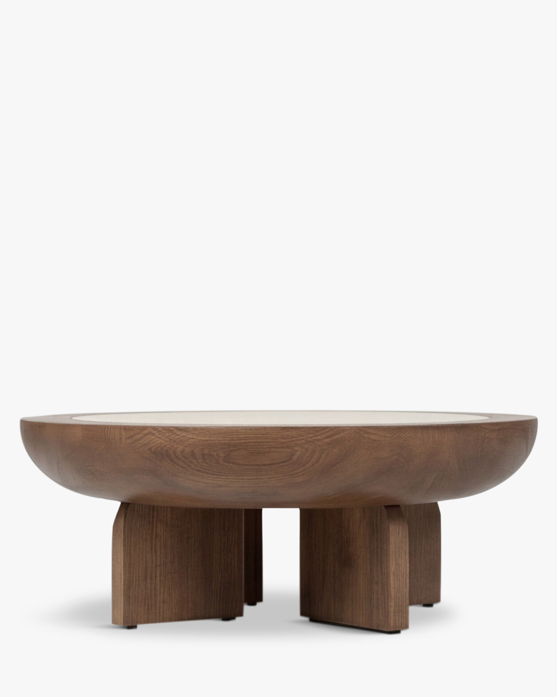 Table basse Saturne - NV GALLERY - frêne massif teinté noyer et travertin - vue de face