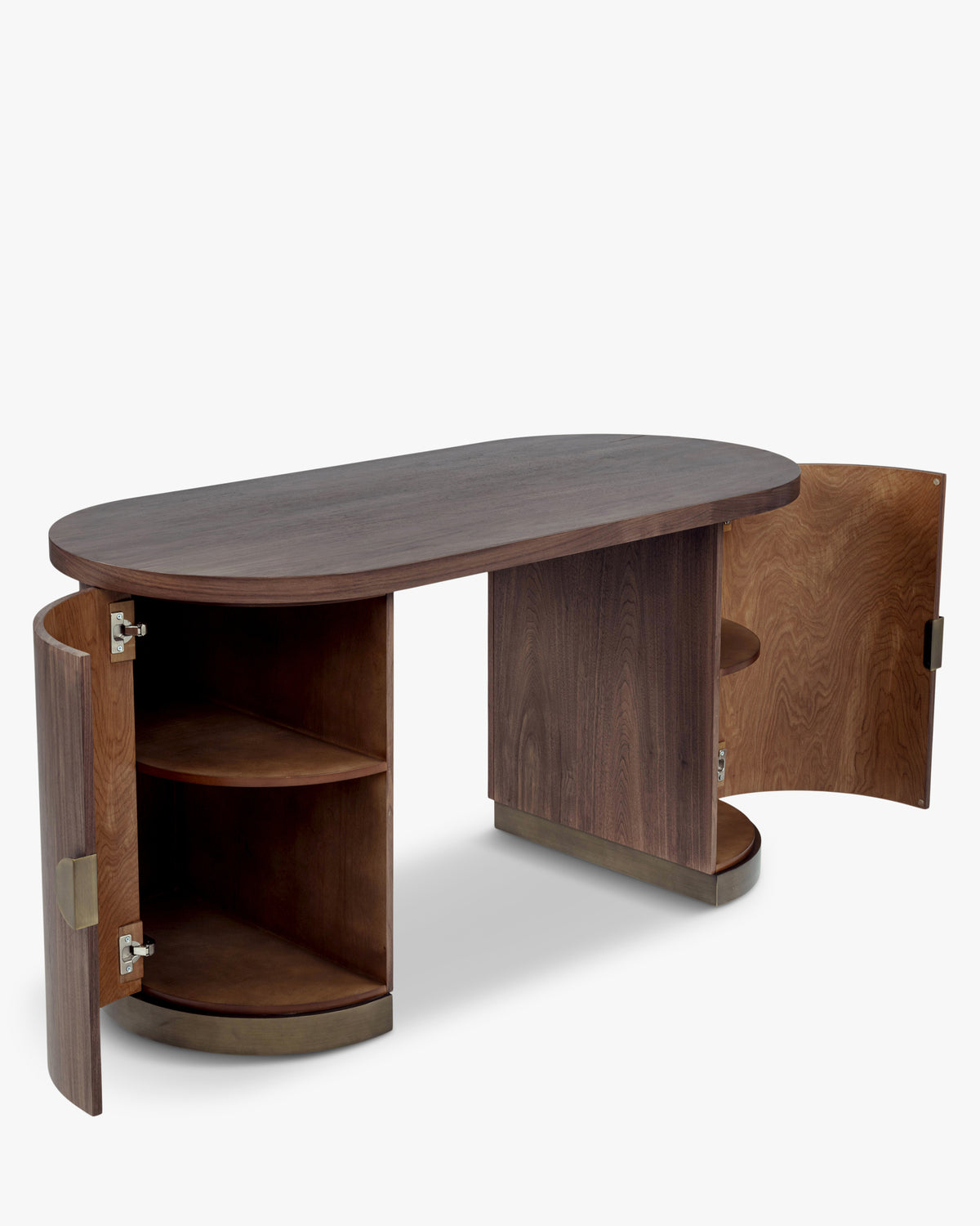 Bureau Karola - bois teinté noyer et fer brossé teinte bronze - caissons ouverts en détail