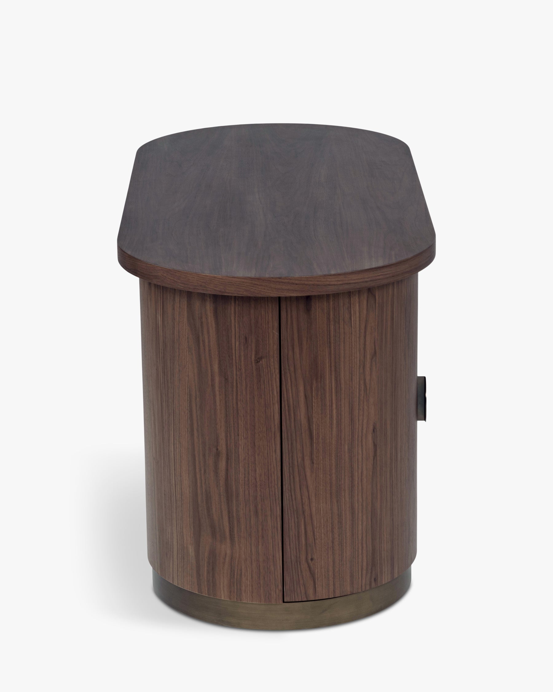 Bureau Karola - bois teinté noyer et fer brossé teinte bronze - caisson rond en détail
