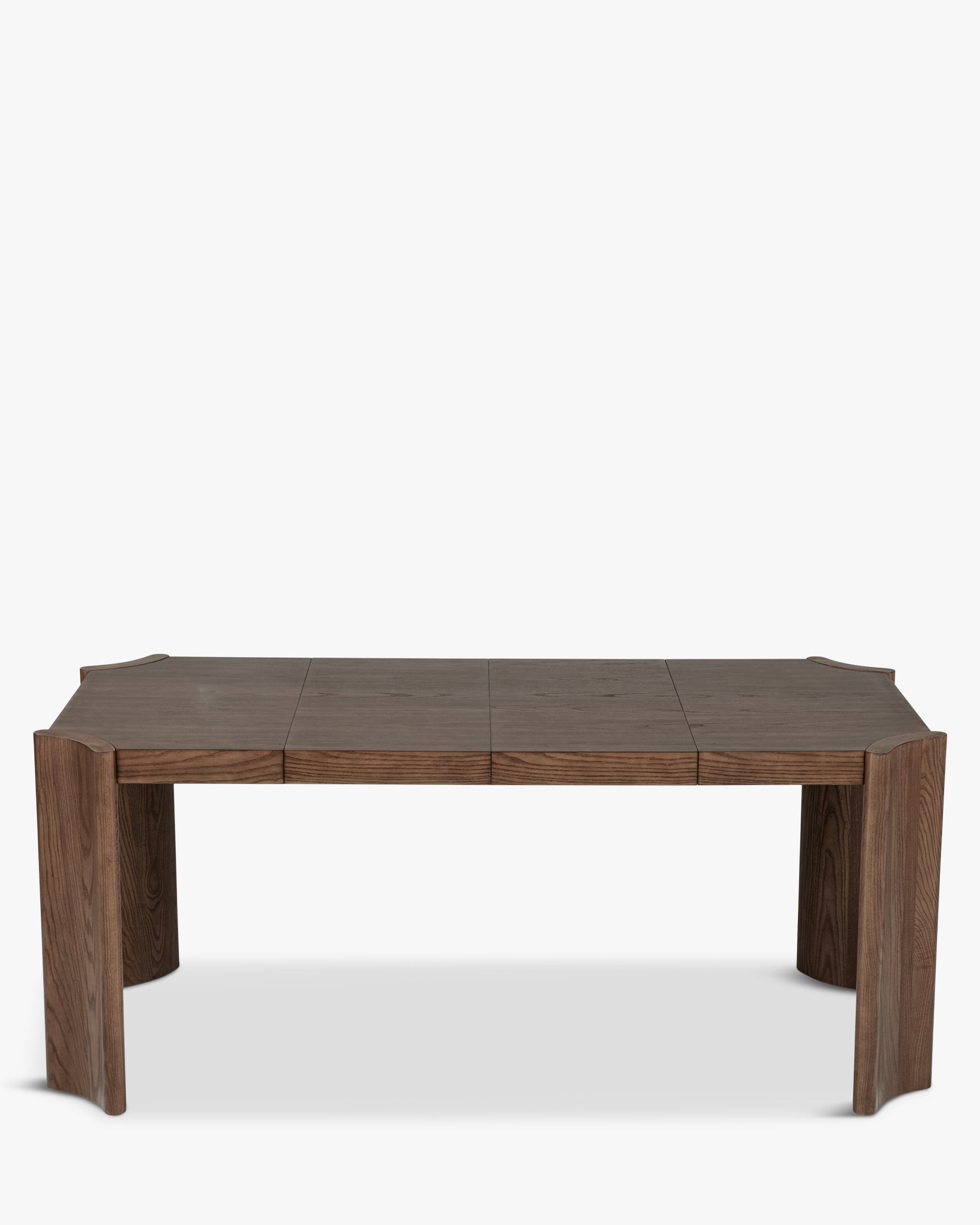 Table Mirage - chêne massif teinté noyer - vue de face, rallonges déployées, angle