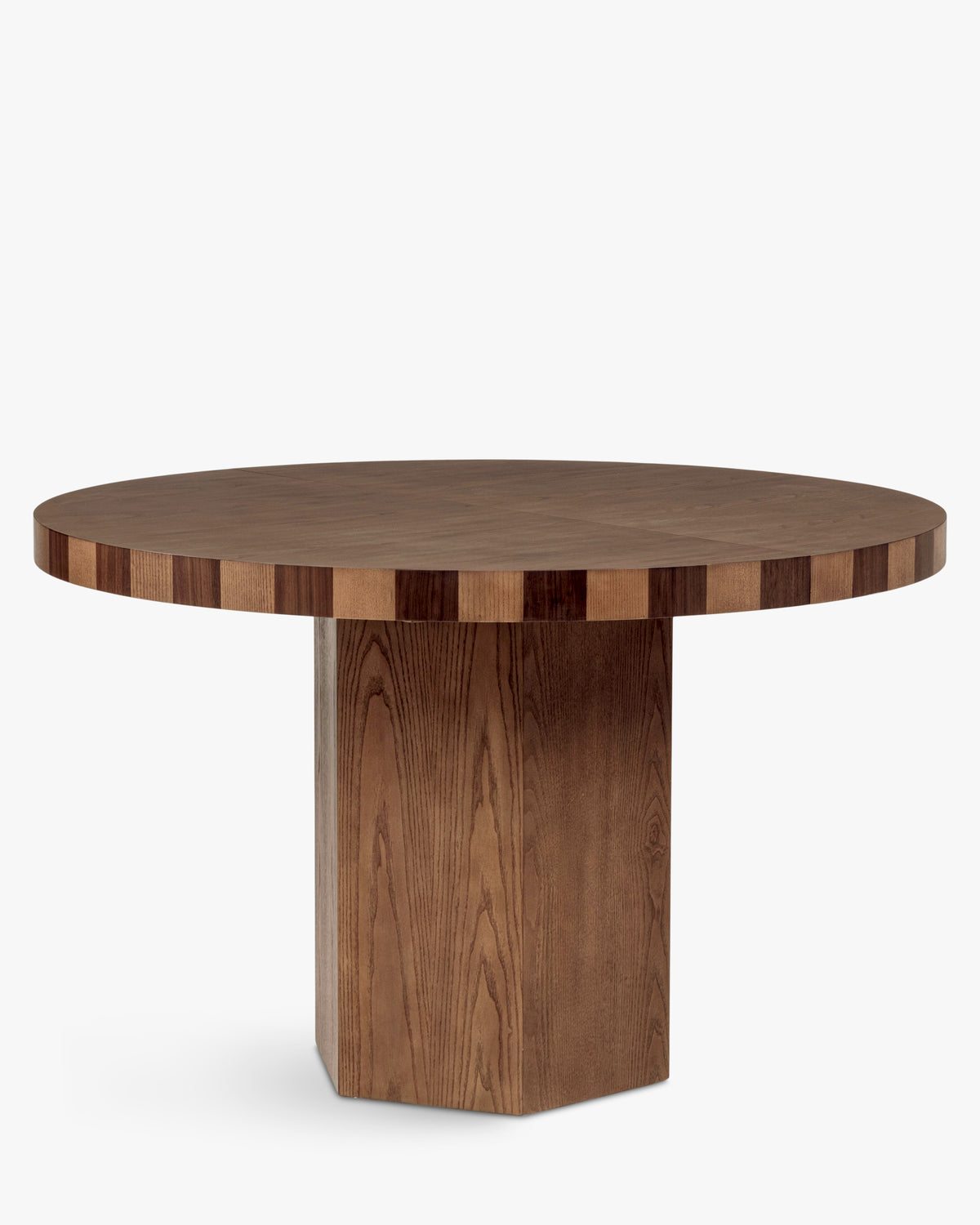 table à manger ronde MODANATA - plateau refermé et chant en marqueterie vus de trois quarts