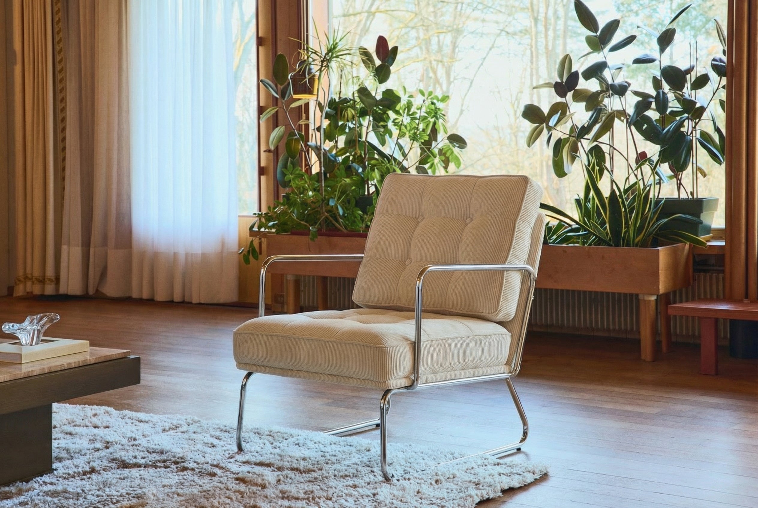 Fauteuil Aurore en velours côtelé beige et accoudoirs chromés - NV GALLERY
