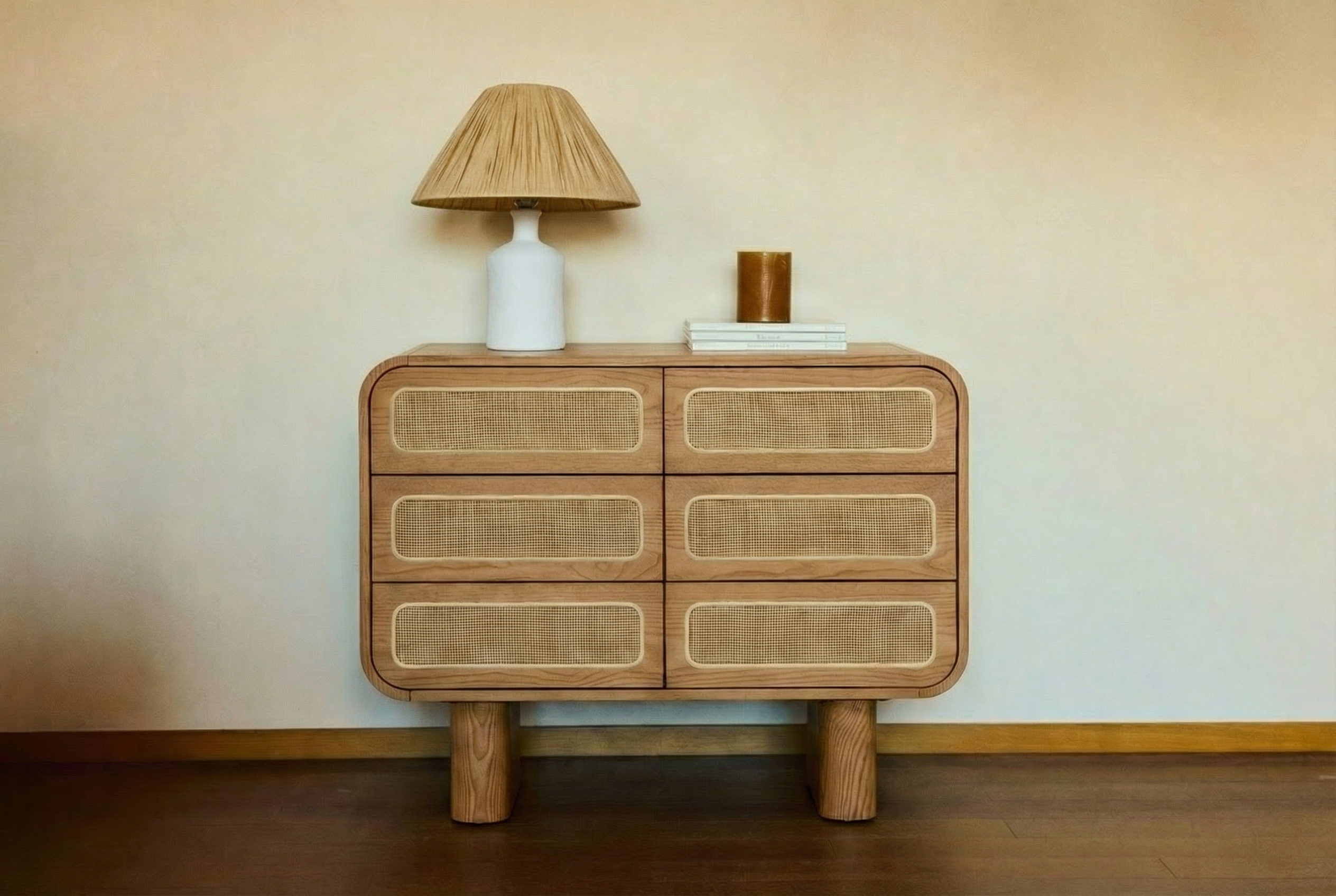 Commode Oxford en bois blond et cannage, 6 tiroirs - NV GALLERY