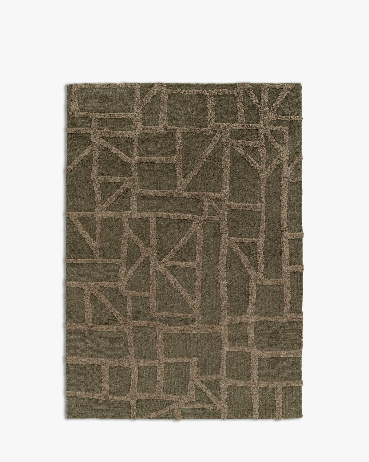 tapis de salon Strato vert kaki à réseau de lignes géométriques en relief - vu de dessus