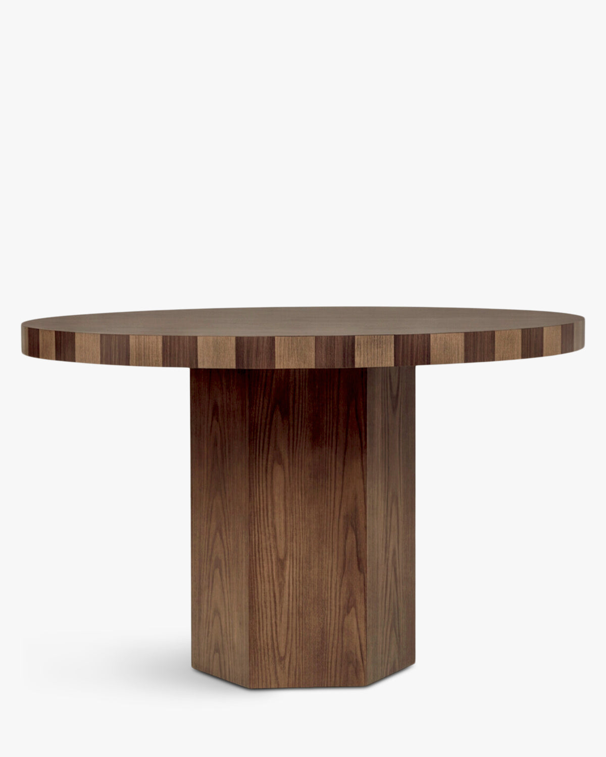 table à manger ronde MODANATA à plateau fixe en bois teinté noyer et pied hexagonal, vue de face