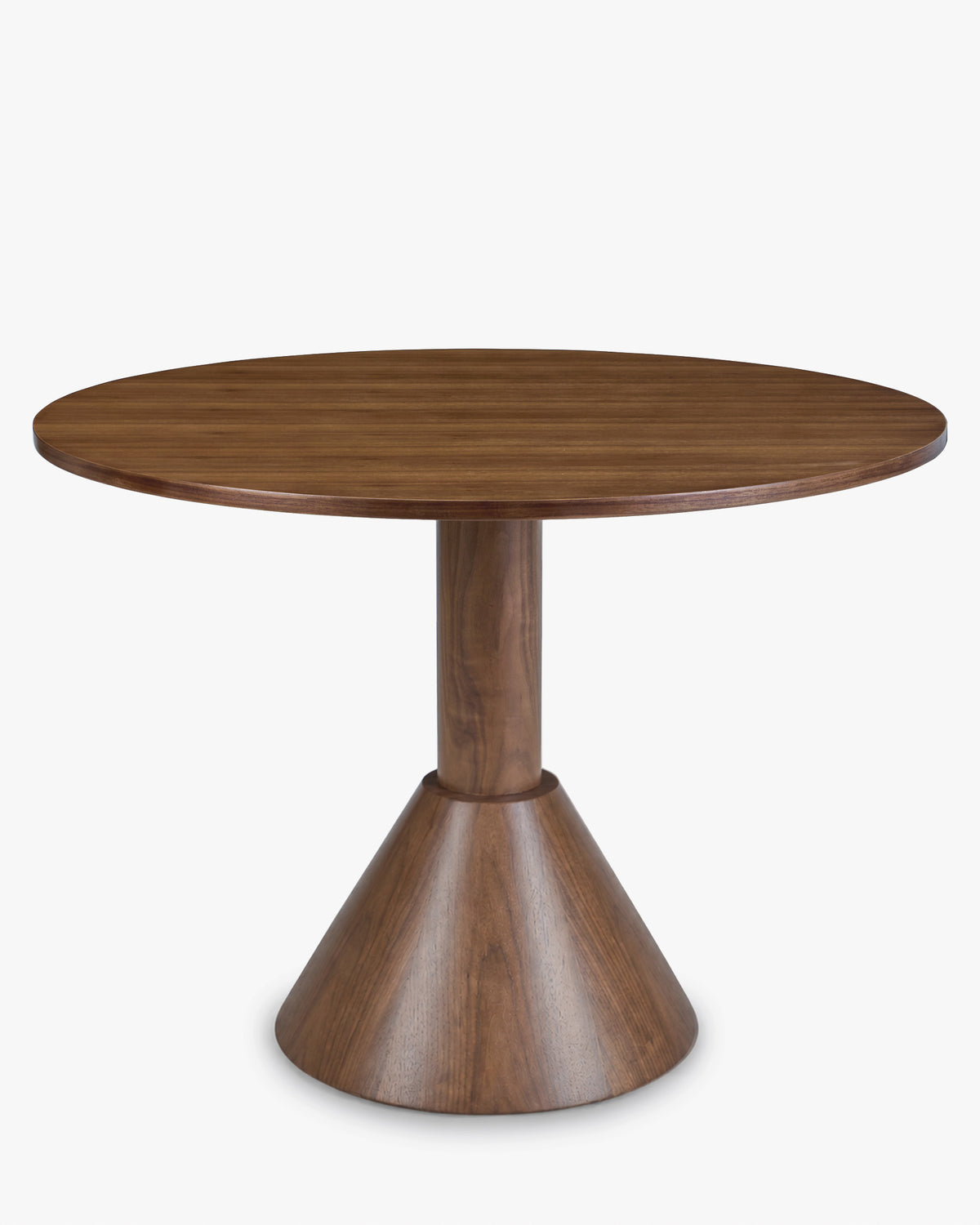 table à manger ronde TELBA en frêne massif teinté noyer et pied central conique - vue de trois quarts