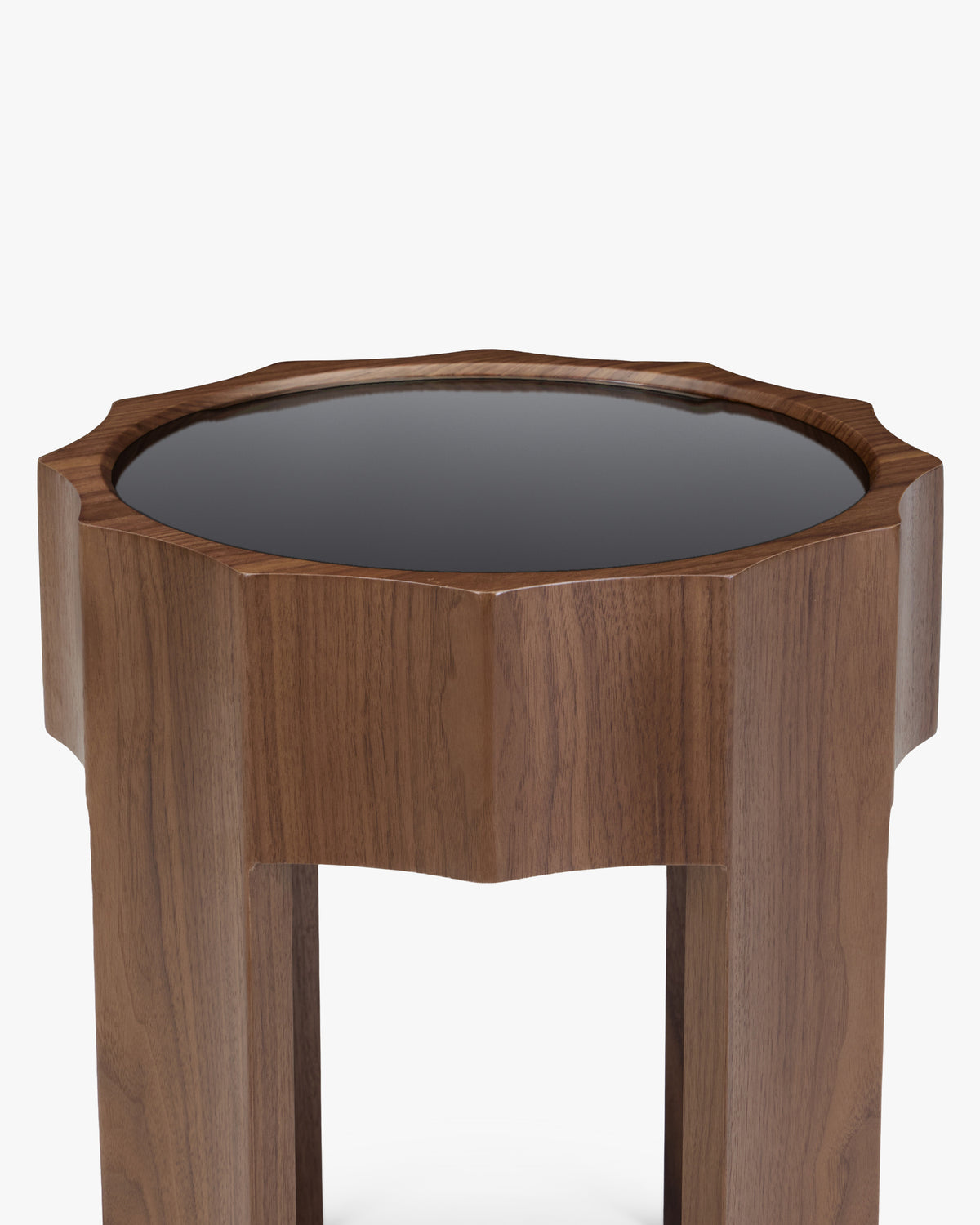table d'appoint CANNELATA - plateau en verre trempé fumé noir serti dans son cadre en noyer