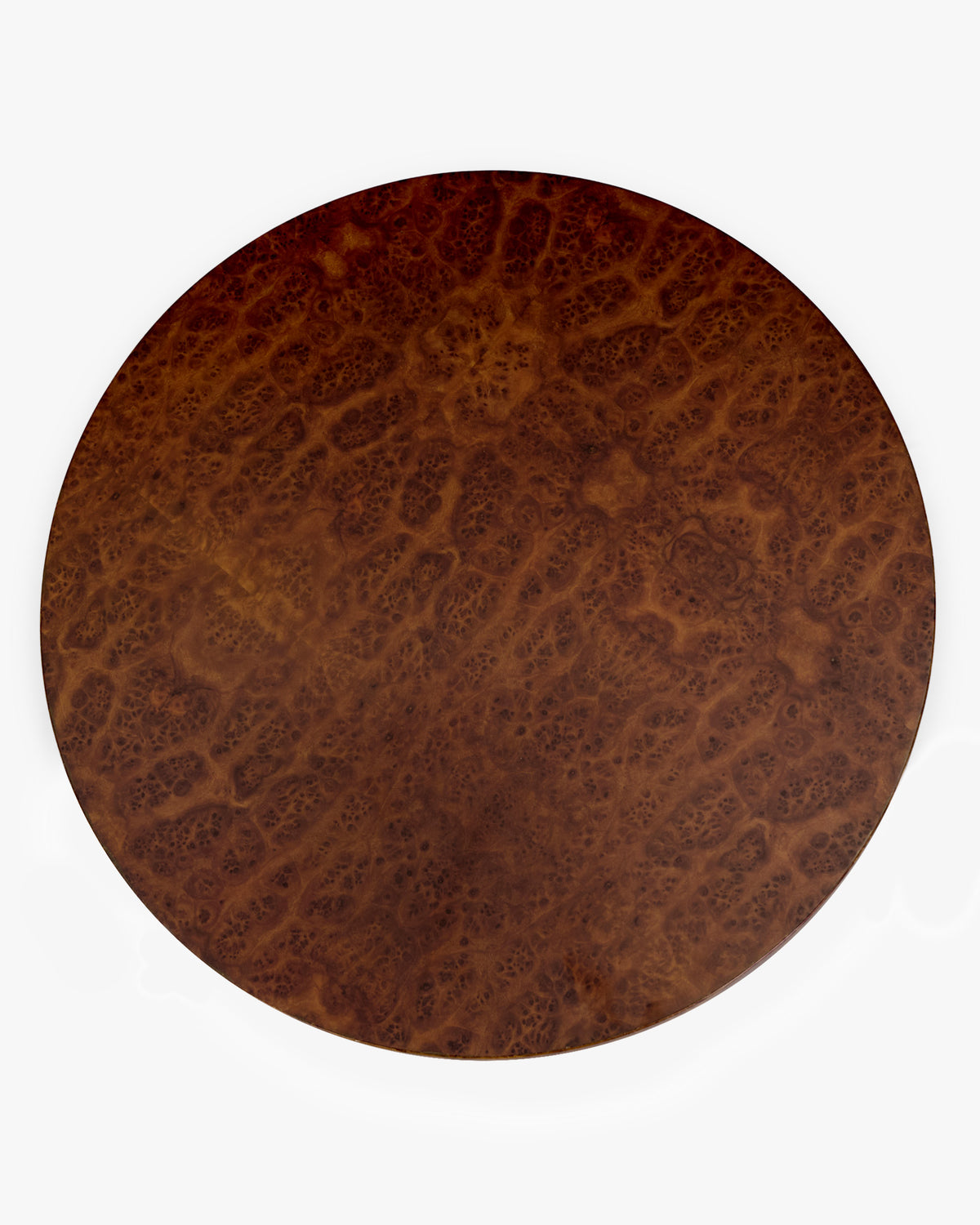 table d'appoint KALDER - plateau rond en placage bois de loupe vu en plongée, veinage apparent