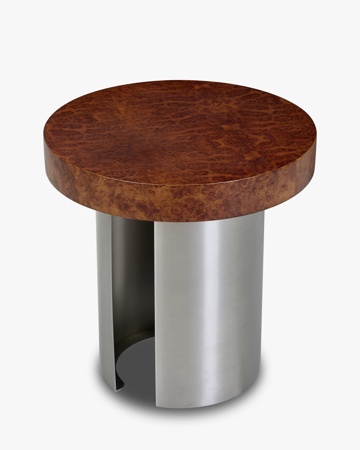 table d'appoint KALDER en placage bois de loupe - piètement en deux demi-cylindres d'acier brossé