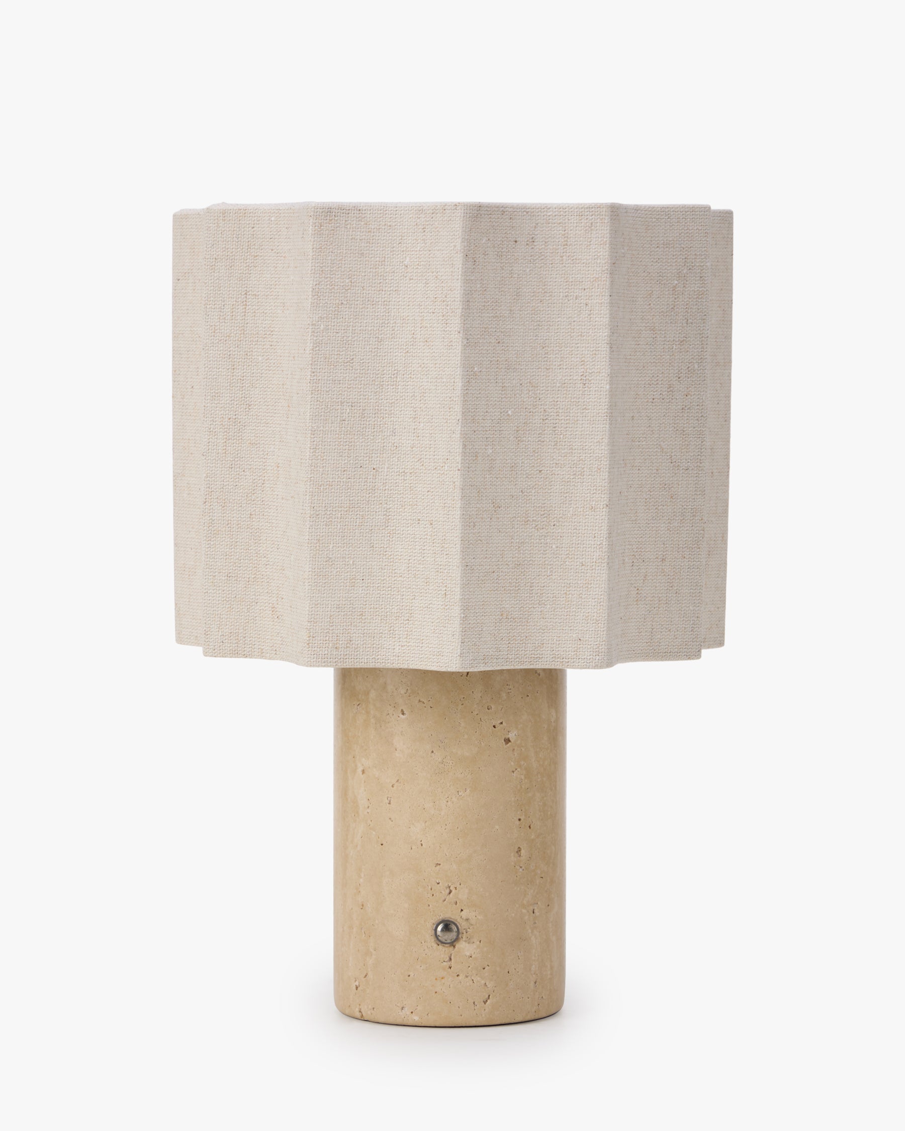 Lampe Bridget - NV GALLERY - travertin blanc cassé et abat-jour lin clair - vue de face