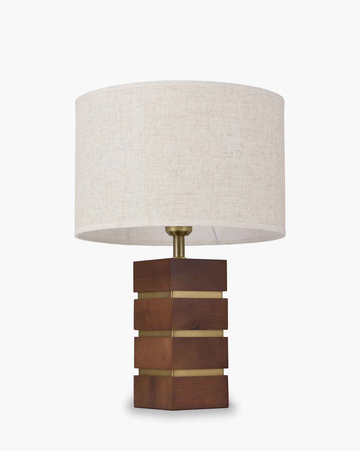lampe de table Mako - frêne massif teinté noyer et lin écru - vue de face rapprochée