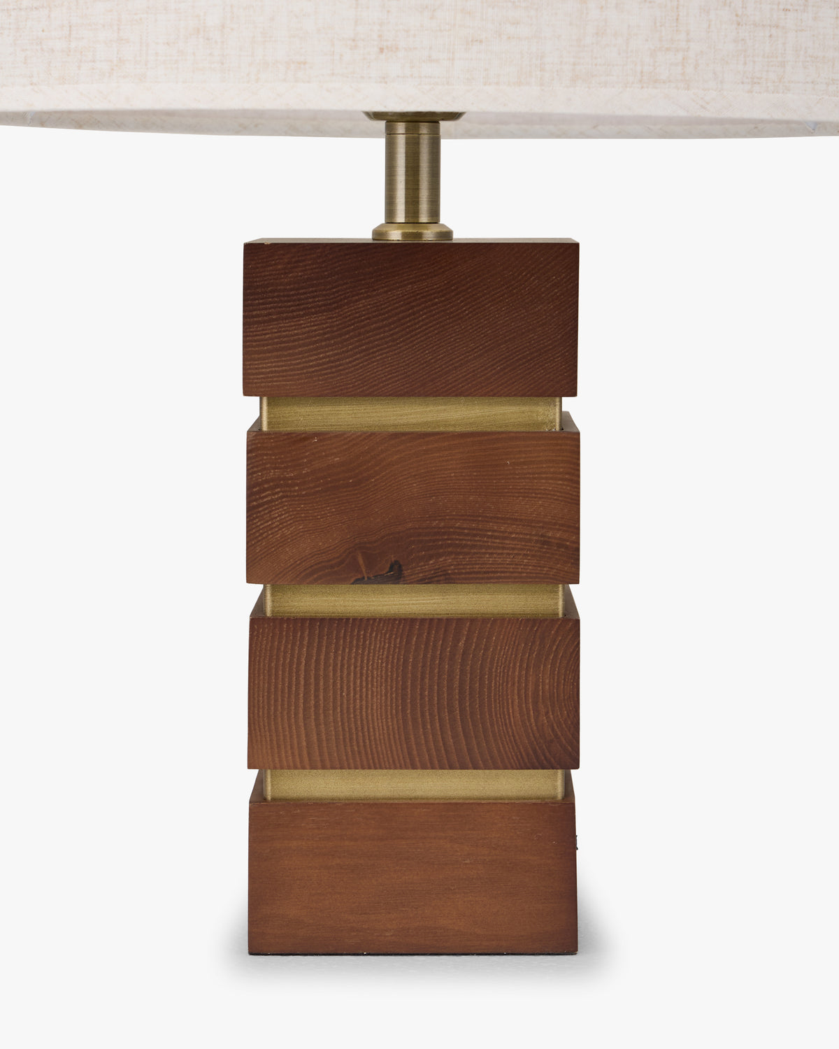lampe de table Mako - socle frêne massif teinté noyer et cerclages bronze brossé - détail