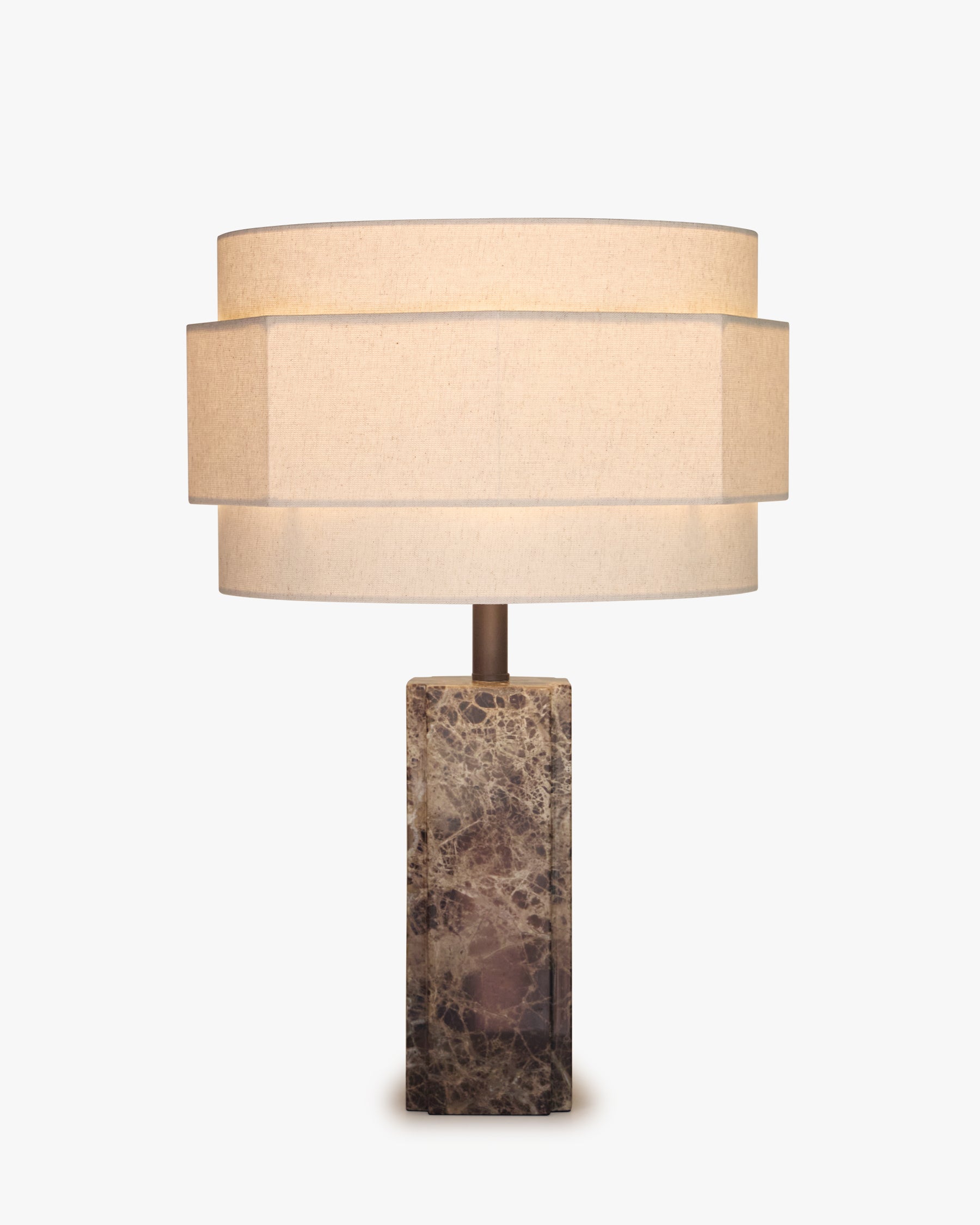 Lampe Mindy - marbre dark emperador et abat-jour lin - allumée, vue de face